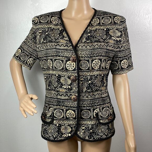 Rickie Freeman for Teri Jon 100% linen vintage printed short sleeve blazer sz 8 - Picture 1 of 7